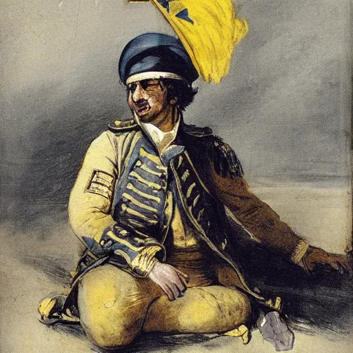 Image similar to Volodymyr Zelensky at war, dressed like Napoleon Bonaparte, his clothes are torn and dirty, he is sitting between dead corpses and weeping, holding a half burnt blue and yellow flag of Ukraine, by Francisco Goya