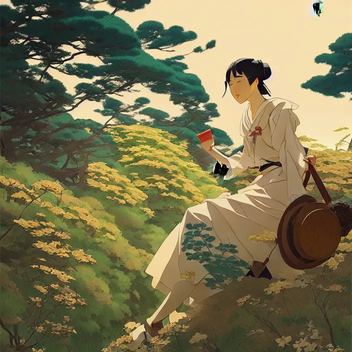 Image similar to japanese countryside, in the style of studio ghibli, j. c. leyendecker, greg rutkowski, artem