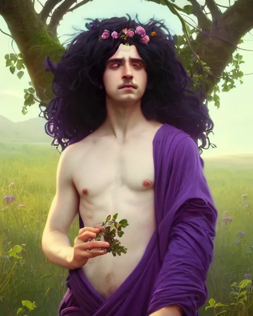 Prompt: cute dionysus, purple greek robe, long curly black hair, meadow, fig leaves, character illustration, soft lighting, octane render, greg rutkowski, alphonse mucha, sung choi, 8 k, vibrant