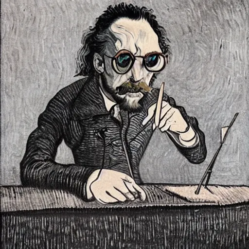 Image similar to grumpy software dev working on a pair of spectacles, surreal, dali, van gogh