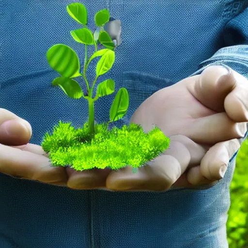 Image similar to robot in his hands is holding a small piece of land with a small ecological green plant