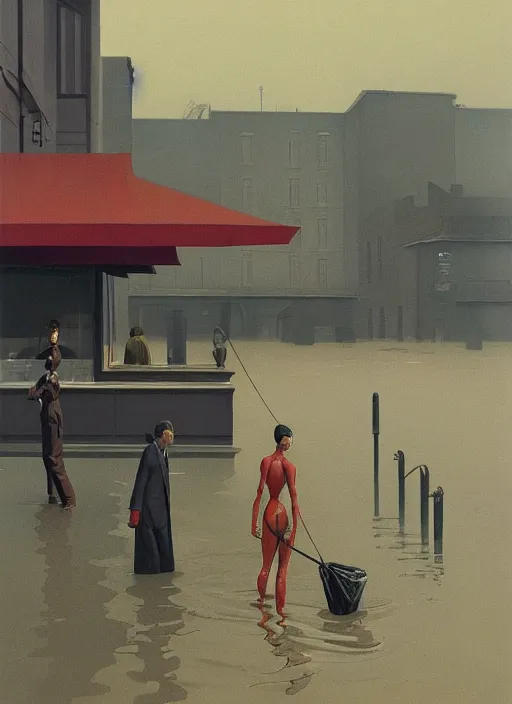 Image similar to westworld android dressed in transparent plastic bags, on flooded street Edward Hopper and James Gilleard, Zdzislaw Beksinski, highly detailed