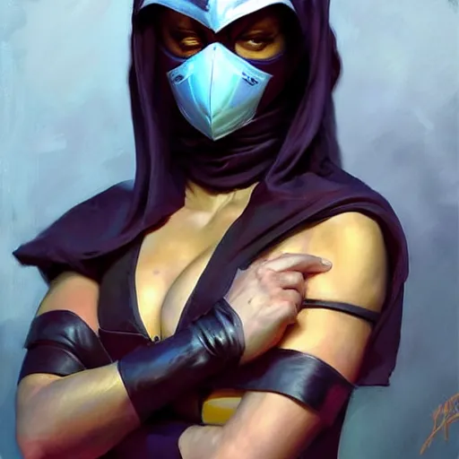 Image similar to greg manchess portrait painting of mileena from mortal kombat wearing a mask covering her mouth as overwatch character, medium shot, asymmetrical, profile picture, organic painting, sunny day, matte painting, bold shapes, hard edges, street art, trending on artstation, by huang guangjian and gil elvgren and sachin teng