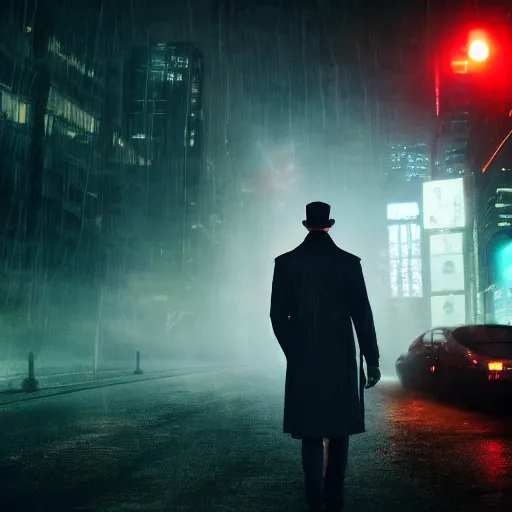 Prompt: ONE SINGLE detective in trench coat looking away from the camera, cyberpunk, futuristic, technology , cinematic lighting, depth of field, highly detailed, volumetric fog, dark, moody, gritty, rain, neon lights