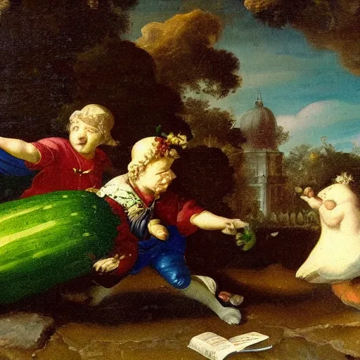Prompt: baroque painting of a cucumber chasing birds in the yard, very high detail