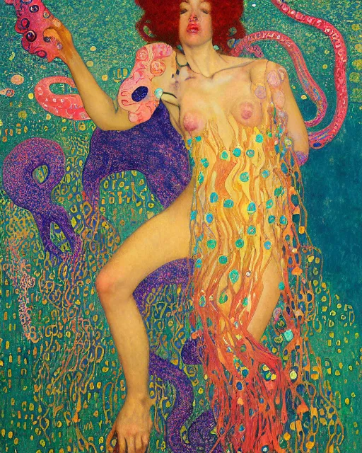 Image similar to a beautiful girl underwater wearing a colourful octopus as a dress and surrounded by colourful jellyfish, painted by gustave klimt, edgar maxence, edward hopper, wayne barlowe, james gilleard and james jean