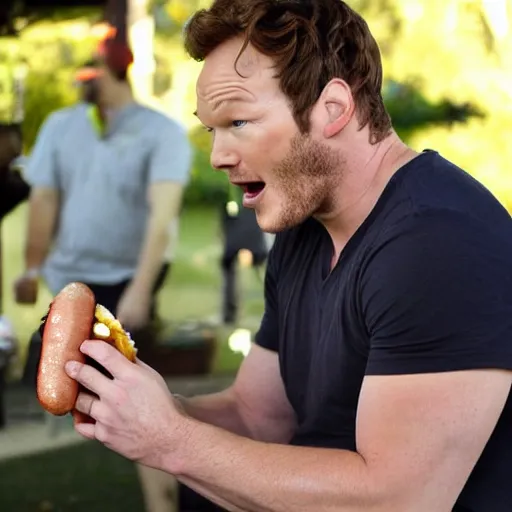 Prompt: Chris Pratt eating a hot dog
