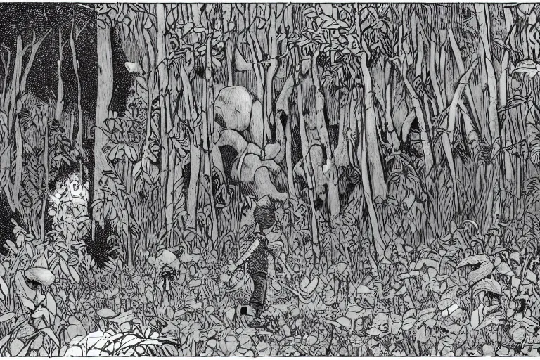 Image similar to a young boy entering a huge mysterious and fantasy forest with a bearlike huge monster in a distant clearing, large path, mushrooms, lush exotic vegetation, very graphic illustration by jean giraud and james jean, drawing, ultradetailed, clean line, colorful comics style, dynamic lighting, night