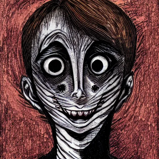 Image similar to a dark brown humanoid, hyper detailed, in the style of junji ito and and junji ito and junji ito, selfie