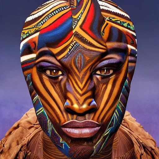 Image similar to a full body muscular male with an african mask, wearing an african armor, shaman, zulu, hamar, himba, karo, masai, samburu, by alex gray and android jones, karol bak, ilya golitsyn, ayami kojima, amano, black panther, moebius, concept art, character design, fantasy, 3 d, 8 k resolution