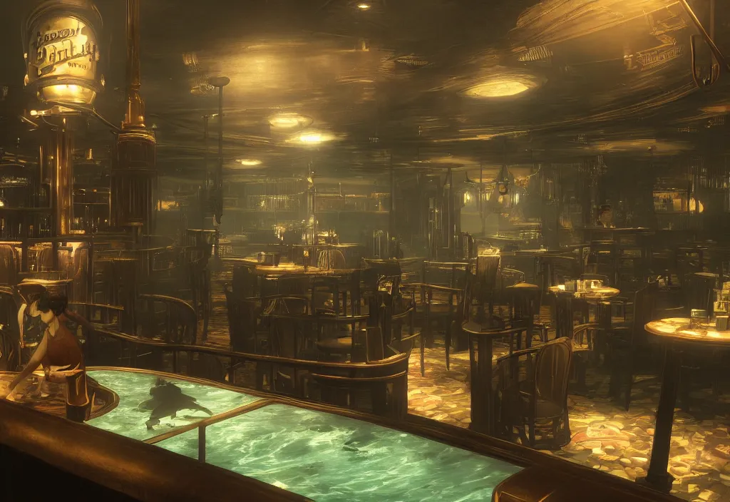 Image similar to In the world of rapture from the world of bioshock you are in a bar, there is a window that lets you see the whole city underwater and you are drinking a rum and coke, there are makes on the tables