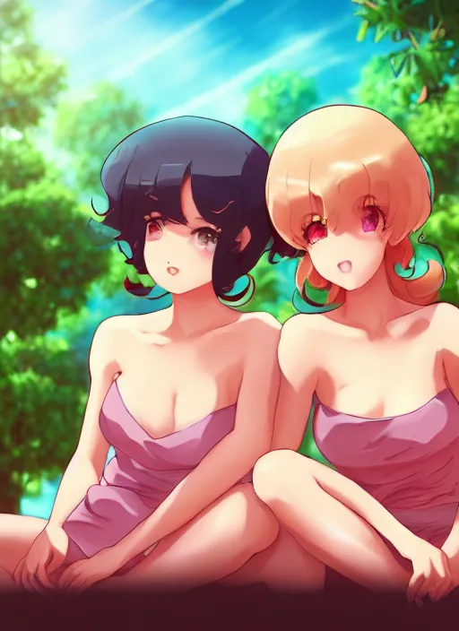 Image similar to two beautiful mothers sitting on a hot summer evening, gorgeous faces, thick lines, cinematic lighting, detailed anime art