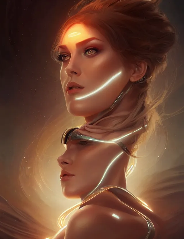 Image similar to futuristic woman portrait, sci-fi, amber eyes, face, long hair, fantasy, intricate, elegant, highly detailed, digital painting, artstation, concept art, smooth, sharp focus, illustration, art by artgerm and greg rutkowski and alphonse mucha