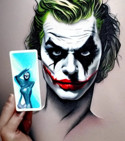 Image similar to tattoo design sketch of beautiful margot robbie with the joker makeup and holding an ace card, in the style of den yakovlev, realistic face, black and white, realism tattoo, hyper realistic, highly detailed