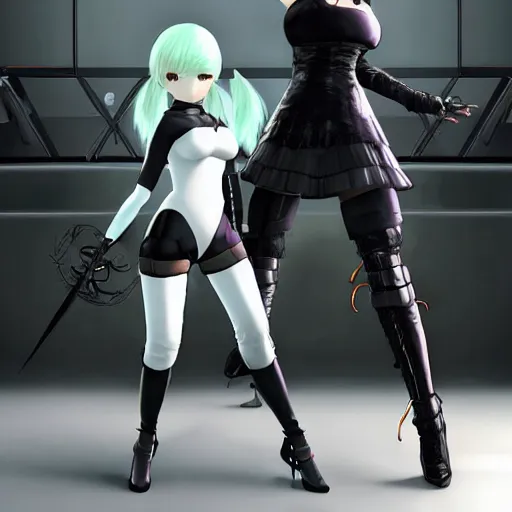 Image similar to 2B from Nier Automata as a cyber punk android fighting A2 as a Viking warrior princess that was frozen in time