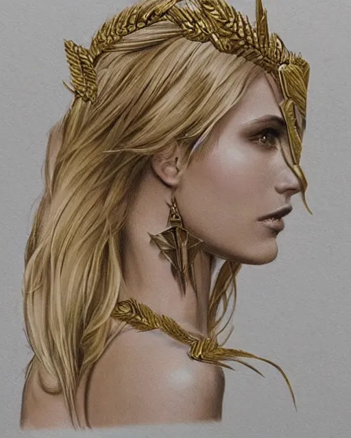 Image similar to tattoo design sketch of hot blonde super model as aphrodite greek goddess wearing a gold laurel wreath and triangle earrings, beautiful piercing gaze with sharp pupils, in the style of greg rutkowski, fantasy, amazing detail, epic, elegant, smooth, sharp focus, front view