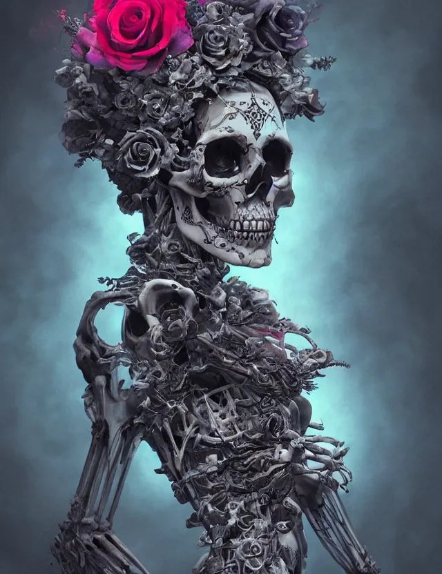 Image similar to a chaotic goddess of death skeleton as a heroine, intricate, elegant skull black rose s day of the dead atmospheric, dramatic, Trending on artstation. augmentations and cybernetic enhancements neon circuits, greg rutkowski , hyperrealist, cinema4D, 8k highly detailed