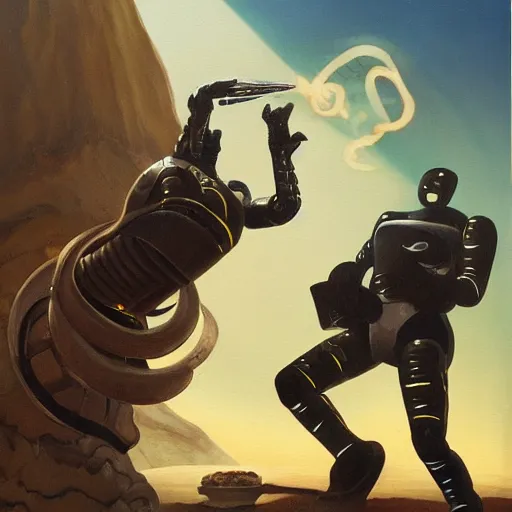 Prompt: painting of an arrakeen sandworm attacking the silhouette of a man in a stillsuit holding a crysknife