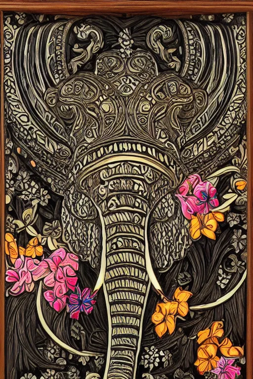 Prompt: Painted dark-wood panel relief carving of a close up of a Flowerpunk Matriarch Elephant, ornate border frame, explosion of colorful flowers, dark wood, intricately carved, black ink, festival of rich colors, intricate details, cinematic lighting, volumetric lighting, post-processing, art nouveau, by andreas rocha and john howe, and Martin Johnson Heade, featured on artstation, featured on behance, golden ratio, hyper detailed, photorealistic, epic composition, center spotlight, f32, well composed, symmetrical, UE5, 8k