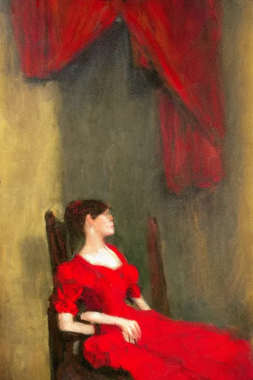 Image similar to an empty red dress laid across a chair in a dark victorian era room. in the style of american impressionism painting. triadic color scheme.