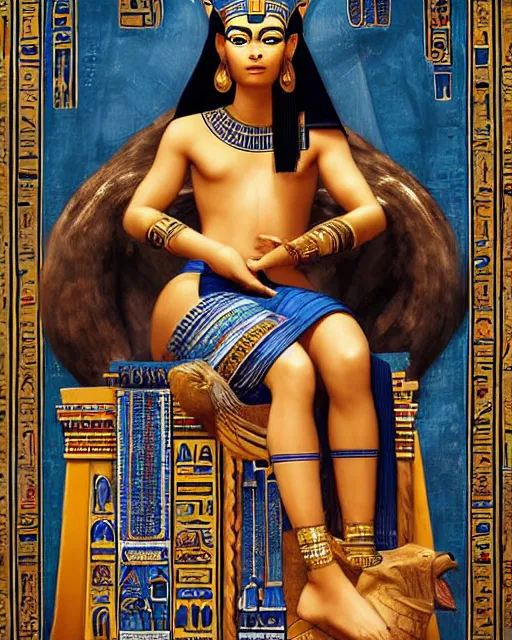 Image similar to a portrait of a beautiful female ancient Egyptian goddess sitting on her throne, surrounded by blue lotus flowers. At her feet lies the god Anubis. By Artgerm, by Raphael, by Caravaggio, by James C. Christensen