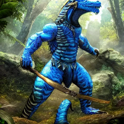 Image similar to A dragonborn with blue scales in a rainforest, trending on artstation, digital art