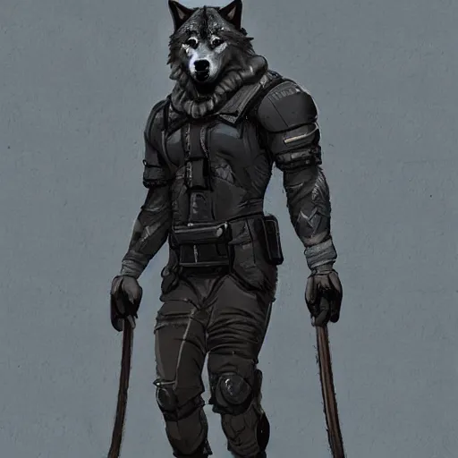 Image similar to strong muscular anthropomorphic wolves wearing techwear, character design, concept art, artstation, 4k