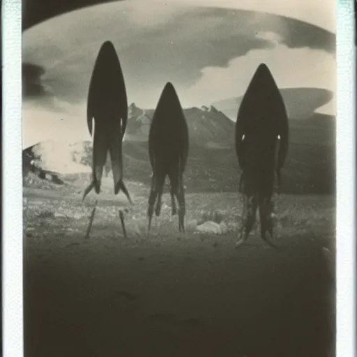 Image similar to polaroid photograph of aliens visiting earth, 1 9 5 0