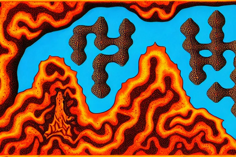 Prompt: magma hive maze of fire, award winning art, lava lamp, epic dreamlike fantasy landscape, art print, mc escher, ultra realistic,