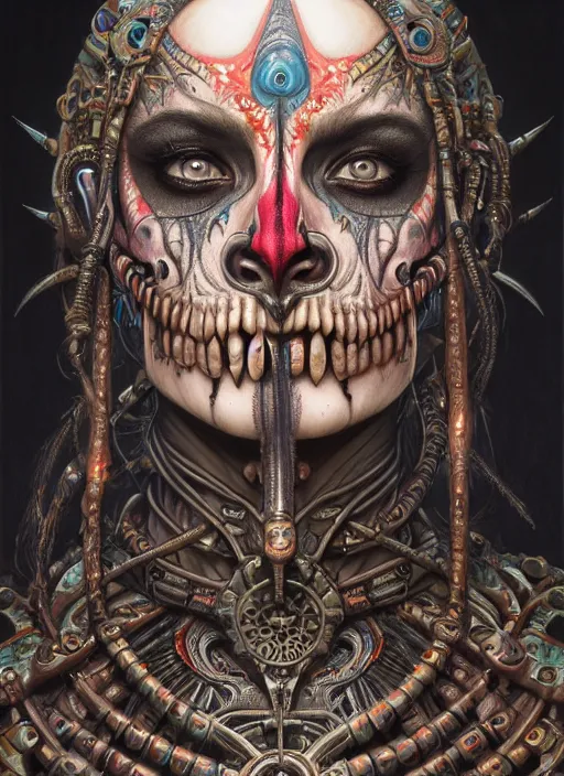 Prompt: hyper detailed masterpiece undead aztec face tattoo warrior by donato giancola and tom bagshaw, face by artgerm and edmund leighton, and h. r. giger, trending on artstation, colorful, psychedelic aesthetic, ornate, background by james jean, 8 k, biomechanical, majestic, volumetric lighting, porcelain skin, concept art, sharp focus