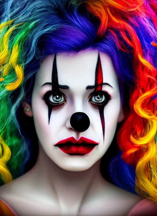 Prompt: photo of a gorgeous sad clown woman crying in the style of stefan kostic, realistic, sharp focus, 8 k high definition, insanely detailed, intricate, elegant, art by stanley lau and artgerm