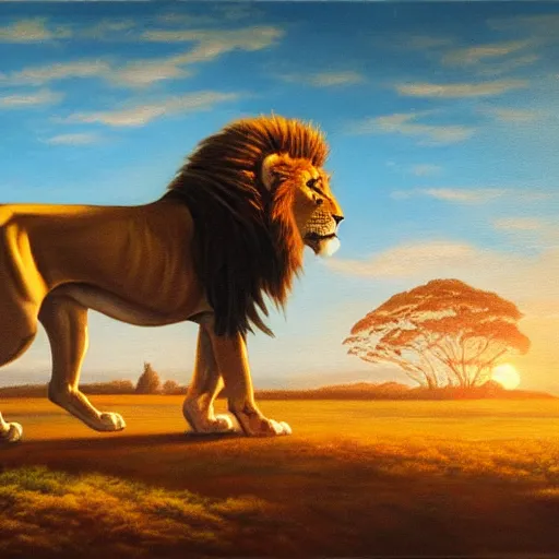 Image similar to high definition oil painting of walking the lion in a park in sydney australia at sunset