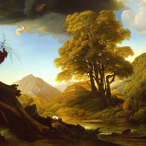 Prompt: detailed oil painting of a pipe organ monster rampaging the countryside by Asher Brown Durand,