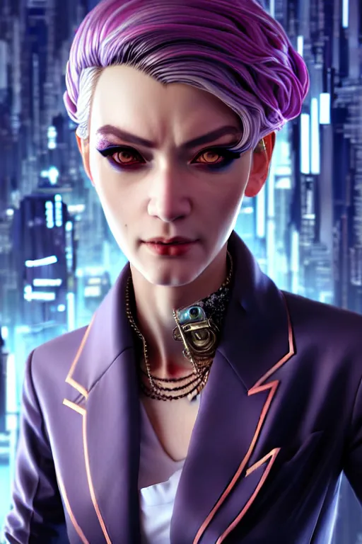 Prompt: hyperdetailed very close portrait of a european thirty years old woman in an elegant suit with a pin in a cyberpunk city inspired by ross tran and wlop and masamune shirow and kuvshinov, concept art, intricate, photorealistic, octane render, rtx, hdr, unreal engine, dnd digital art by artgerm fine face