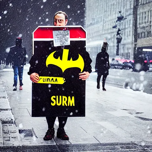 Prompt: batman wearing a sandwich board that is advertising slurm soda, rule of thirds, photograph, ultra detailed, crispy, overcast, snowing, moscow, gritty.