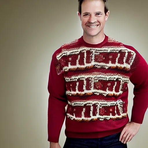 Image similar to model wearing a sweater of bacon weave, product photo, jc penny catalog