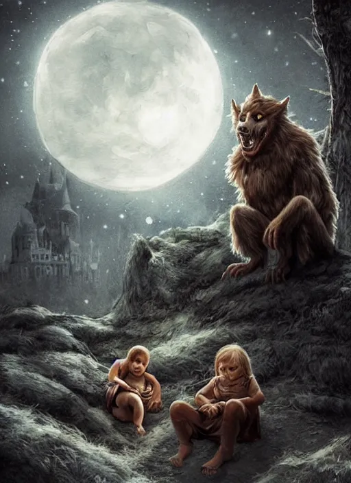 Image similar to a werewolf at night sitting next to a human child, fantasy art, matte painting, highly detailed