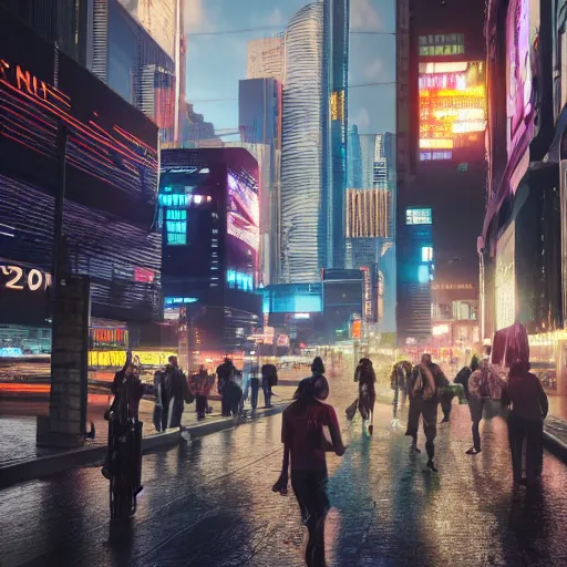 Prompt: people running away scared from cryptocurrency city, cyberpunk art ultrarealistic 8k