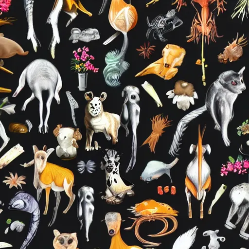 Image similar to animals and plants on a black background, wallpaper, Illustration, Anatomical Drawing, Painting