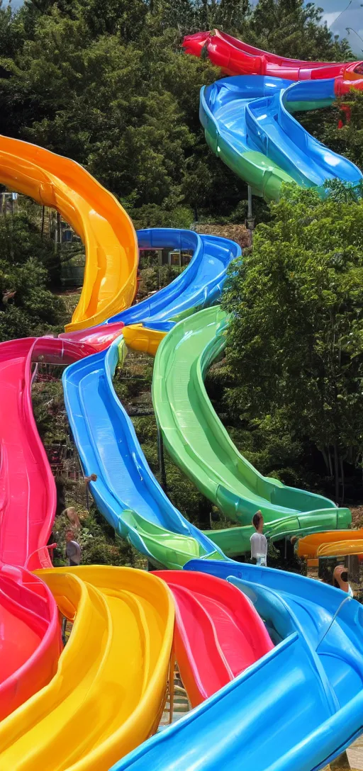 Prompt: waterslides of multiple colors crossing over eachother, infinite waterslides,