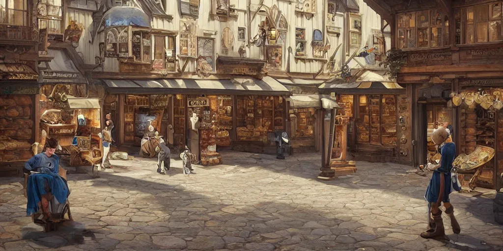 Image similar to empty medieval port town town square shops bakery rug shop barbershop pokemon sword and sheild, bright future, social realism, highly detailed, digital painting, artstation, concept art, matte, sharp focus, illustration, art by artgerm and greg rutkowski and alphonse mucha