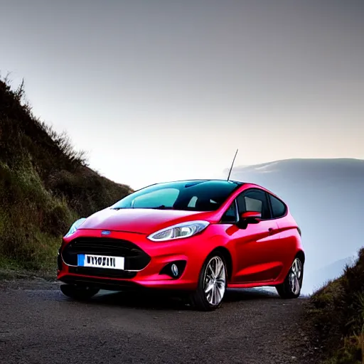 Image similar to red ford fiesta mk 6 zetec on a mountain road, award winning photograph, golden hour