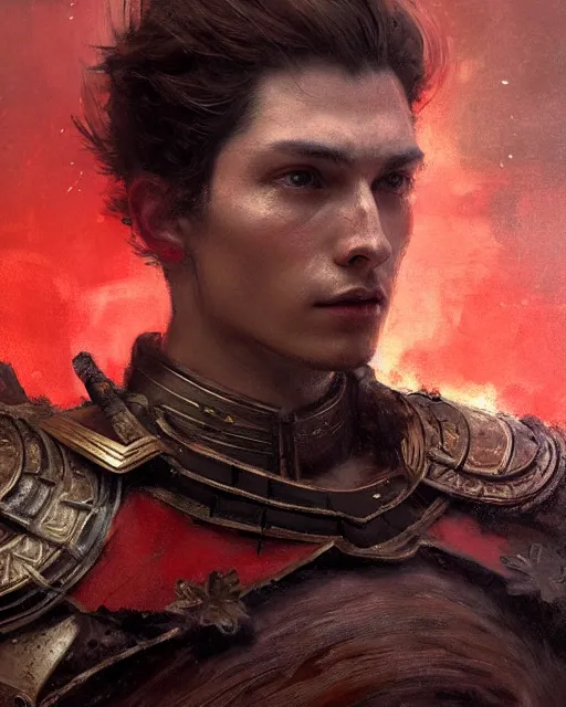 Image similar to close up of a young emperor wearing an armor ; masculine man with thin faces line and perfect jawline, two sides brown hair, elegant, ethereal horror fantasy art by greg rutkowski, jeremy mann, magali villeneuve and claude monet, large shoulders, red background