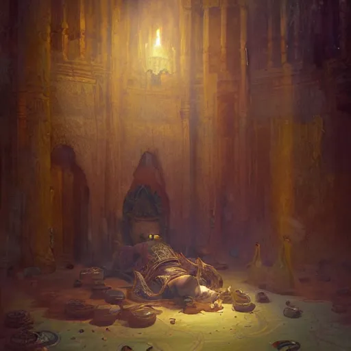 Image similar to djinn sleeping in a treasure chamber on piles of gold, oil painting, by greg rutkowski