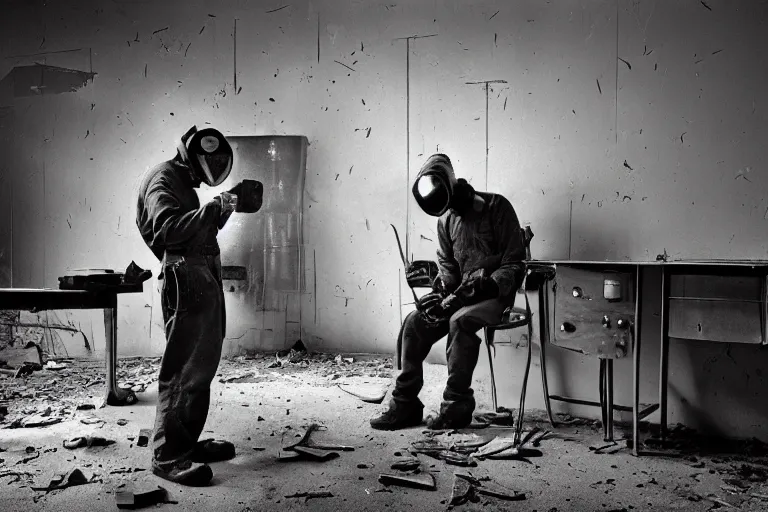 Prompt: welder in welding mask in abandoned office building, ominous lighting, by richard avedon, tri - x pan stock