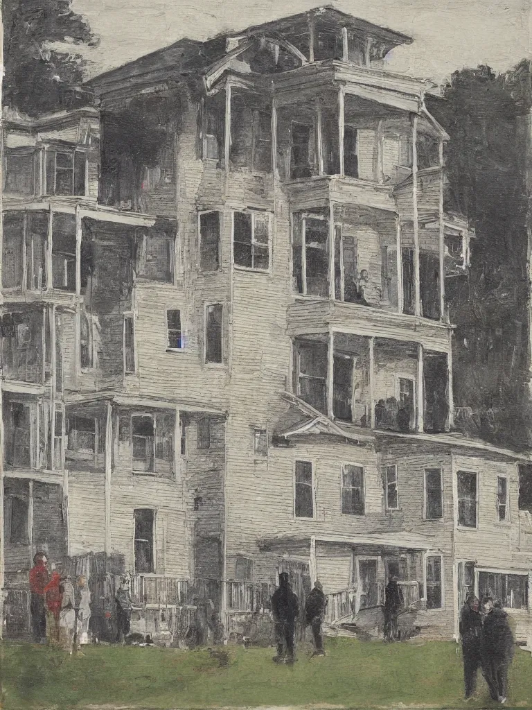 Prompt: people stand at the parsonage and observe the elevation of the structure, high detailed, art by jack butler, part by chris gwaltney dominic besner, gloomy colours