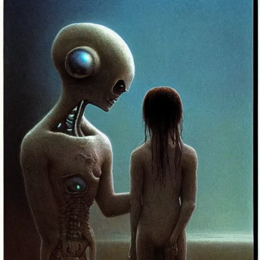 Image similar to cute girl alien meets human boy from Earth by Beksinski