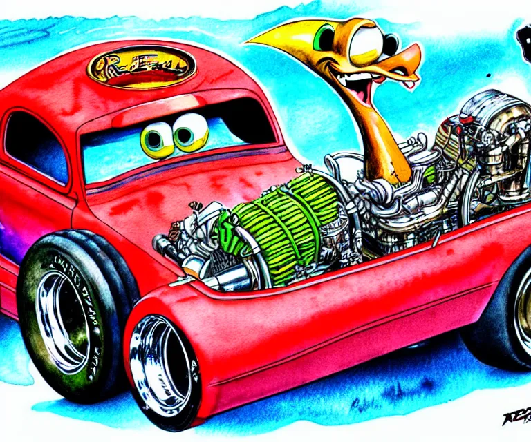 Image similar to roth's drag nut fuel, a pigeon driving a mega - suped - up - hotrod, oversized engine, ratfink style, ed roth, centered, watercolor pen illustration