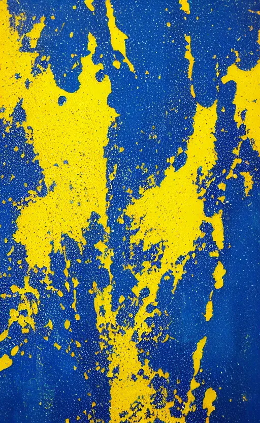 Prompt: contemporary sculpture, dark blue liquid splatters, yellow backdrop, smooth surface, close up, 33mm, 4k, award winning photo