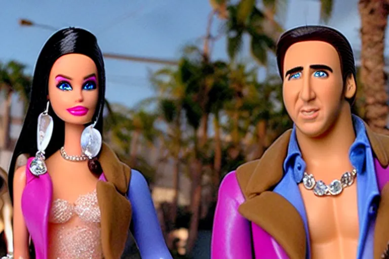 Image similar to Nicolas cage party barbie high resolution still film